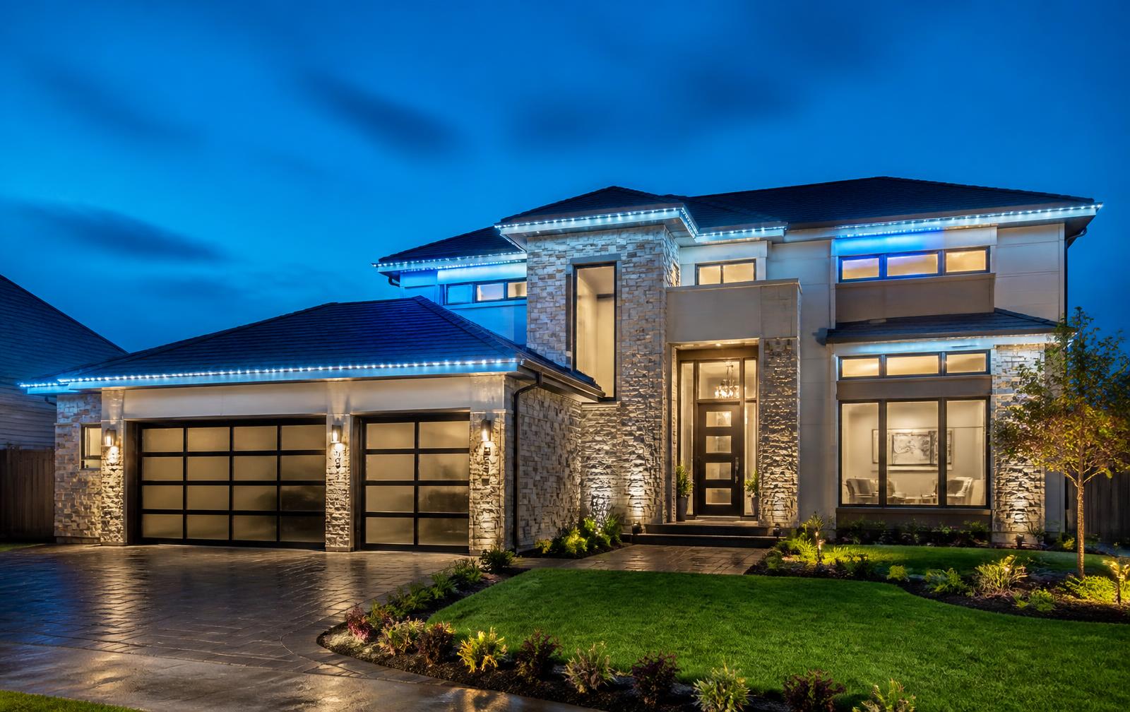 Modern home at dusk outlined with permanent LED roofline lighting